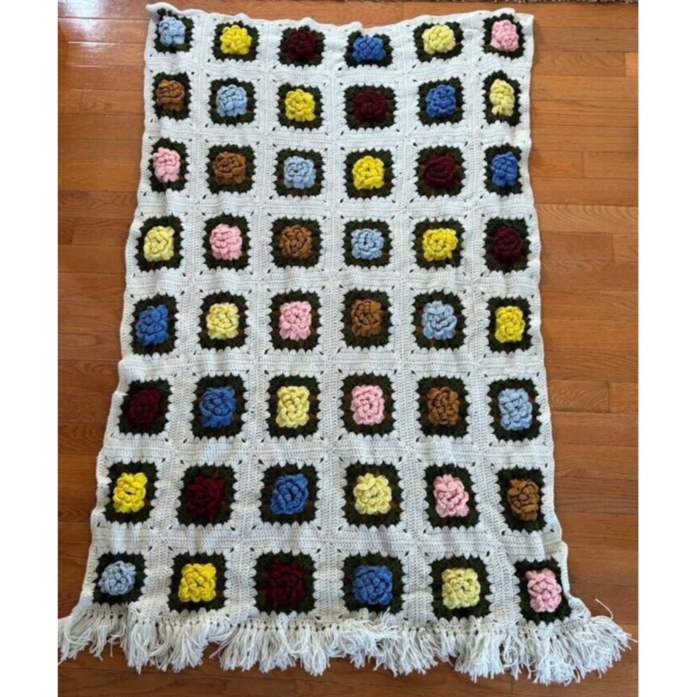 Vintage Hand Crocheted Blanket With 3D Rose Pattern & Fringe Afghan Throw 72x43